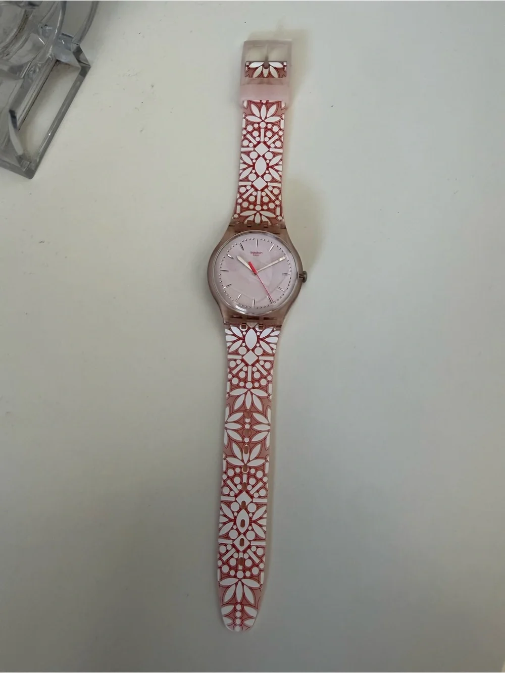 Swatch Pink Translucent Case with Patterned White and Pink Strap Watch